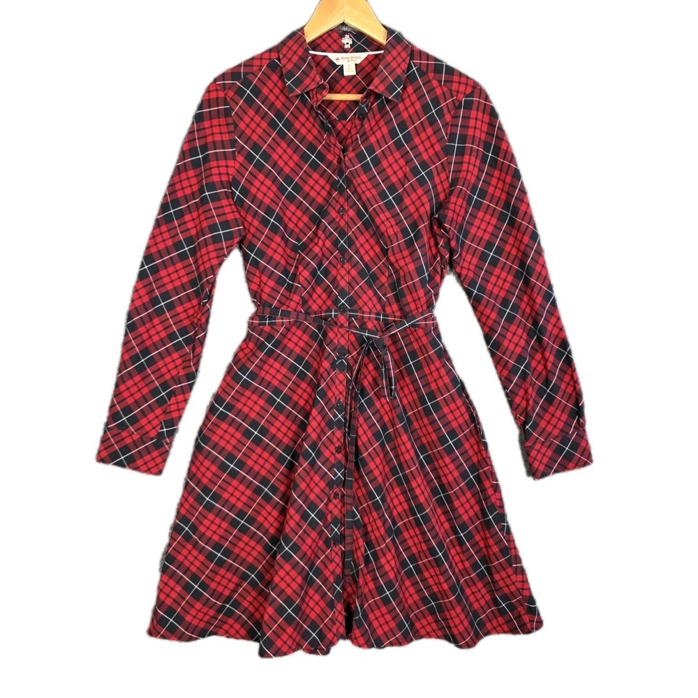 Brooks Brothers Plaid Shirt Dress 8 Red Black Tartan Preppy Academia Midi - Picture 2 of 9